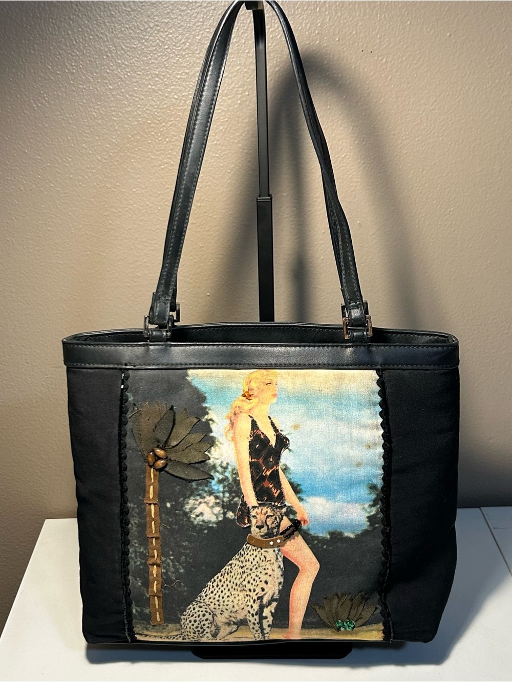 VTG Novelty St Johns Bay Purse Tote Shoulder Bag Beaded Leopard Jungle Lady